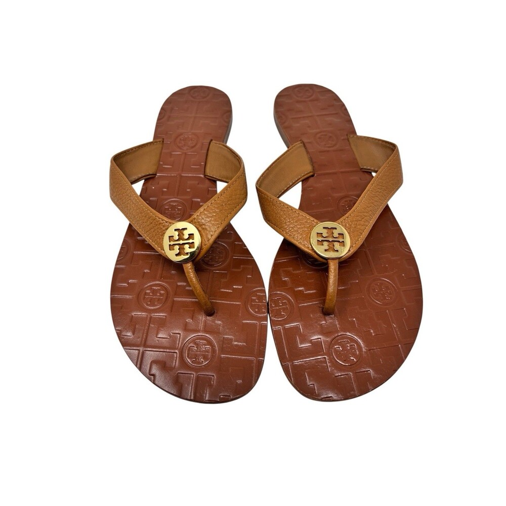 Tory Burch Thora Thong Sandal Flip Flops Leather Gold Tone Medallion Logo Size 8
